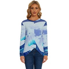 Ai Generated Waves Ocean Sea Tsunami Nautical Blue Long Sleeve Crew Neck Pullover Top by Ravend