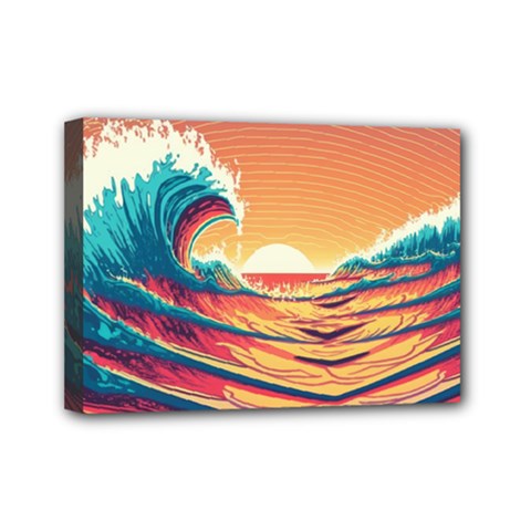 Ai Generated Waves Ocean Sea Tsunami Nautical Art Nature Mini Canvas 7  X 5  (stretched) by Ravend