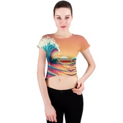 Ai Generated Waves Ocean Sea Tsunami Nautical Art Nature Crew Neck Crop Top by Ravend