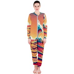 Ai Generated Waves Ocean Sea Tsunami Nautical Art Nature Onepiece Jumpsuit (ladies) by Ravend