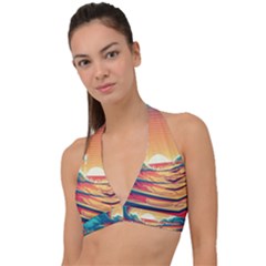 Ai Generated Waves Ocean Sea Tsunami Nautical Art Nature Halter Plunge Bikini Top by Ravend