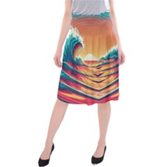 Ai Generated Waves Ocean Sea Tsunami Nautical Art Nature Midi Beach Skirt by Ravend