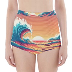 Ai Generated Waves Ocean Sea Tsunami Nautical Art Nature High-waisted Bikini Bottoms by Ravend