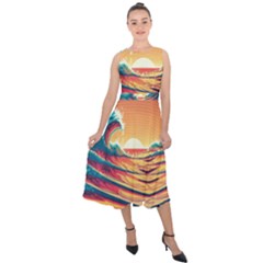 Ai Generated Waves Ocean Sea Tsunami Nautical Art Nature Midi Tie-back Chiffon Dress by Ravend