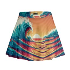 Ai Generated Waves Ocean Sea Tsunami Nautical Art Nature Mini Flare Skirt by Ravend