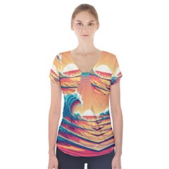 Ai Generated Waves Ocean Sea Tsunami Nautical Art Nature Short Sleeve Front Detail Top by Ravend