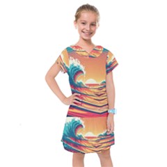 Ai Generated Waves Ocean Sea Tsunami Nautical Art Nature Kids  Drop Waist Dress by Ravend