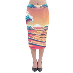 Ai Generated Waves Ocean Sea Tsunami Nautical Art Nature Velvet Midi Pencil Skirt by Ravend