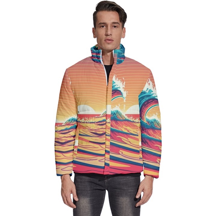 Ai Generated Waves Ocean Sea Tsunami Nautical Art Nature Men s Puffer Bubble Jacket Coat