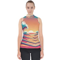 Ai Generated Waves Ocean Sea Tsunami Nautical Art Nature Mock Neck Shell Top by Ravend