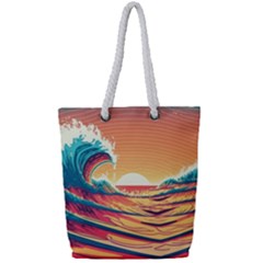 Ai Generated Waves Ocean Sea Tsunami Nautical Art Nature Full Print Rope Handle Tote (small) by Ravend