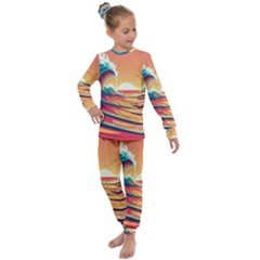 Ai Generated Waves Ocean Sea Tsunami Nautical Art Nature Kids  Long Sleeve Set  by Ravend