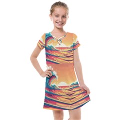 Ai Generated Waves Ocean Sea Tsunami Nautical Art Nature Kids  Cross Web Dress by Ravend