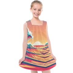 Ai Generated Waves Ocean Sea Tsunami Nautical Art Nature Kids  Cross Back Dress by Ravend