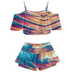 Ai Generated Waves Ocean Sea Tsunami Nautical Art Nature Kids  Off Shoulder Skirt Bikini by Ravend