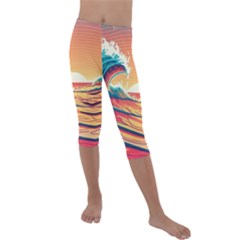 Ai Generated Waves Ocean Sea Tsunami Nautical Art Nature Kids  Lightweight Velour Capri Leggings  by Ravend