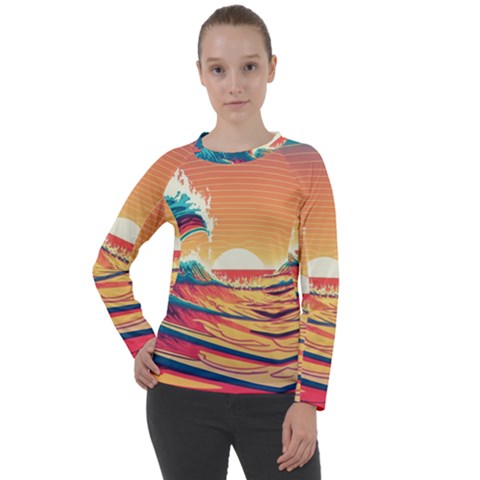 Ai Generated Waves Ocean Sea Tsunami Nautical Art Nature Women s Long Sleeve Raglan Tee by Ravend