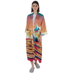 Ai Generated Waves Ocean Sea Tsunami Nautical Art Nature Maxi Satin Kimono by Ravend