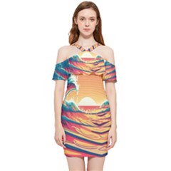 Ai Generated Waves Ocean Sea Tsunami Nautical Art Nature Shoulder Frill Bodycon Summer Dress by Ravend