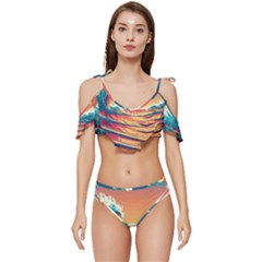 Ai Generated Waves Ocean Sea Tsunami Nautical Art Nature Ruffle Edge Tie Up Bikini Set	