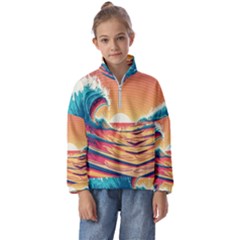 Ai Generated Waves Ocean Sea Tsunami Nautical Art Nature Kids  Half Zip Hoodie by Ravend