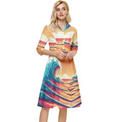 Ai Generated Waves Ocean Sea Tsunami Nautical Art Nature Classy Knee Length Dress by Ravend