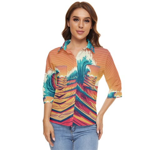 Ai Generated Waves Ocean Sea Tsunami Nautical Art Nature Women s Quarter Sleeve Pocket Shirt by Ravend