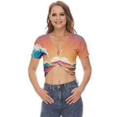 Ai Generated Waves Ocean Sea Tsunami Nautical Art Nature Twist Front Crop Top by Ravend