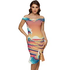 Ai Generated Waves Ocean Sea Tsunami Nautical Art Nature Off Shoulder Ruffle Split Hem Bodycon Dress by Ravend