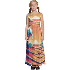 Ai Generated Waves Ocean Sea Tsunami Nautical Art Nature Kids  Satin Sleeveless Maxi Dress by Ravend