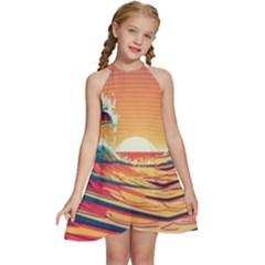 Ai Generated Waves Ocean Sea Tsunami Nautical Art Nature Kids  Halter Collar Waist Tie Chiffon Dress by Ravend