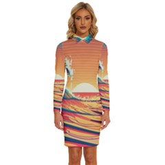 Ai Generated Waves Ocean Sea Tsunami Nautical Art Nature Long Sleeve Shirt Collar Bodycon Dress by Ravend