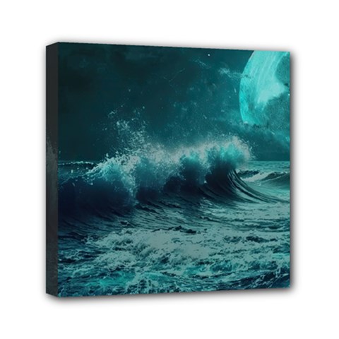 Ai Generated Waves Ocean Sea Tsunami Nautical Blue Sea Art Mini Canvas 6  X 6  (stretched) by Ravend