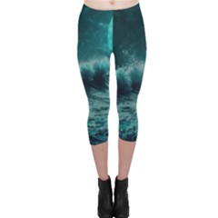 Ai Generated Waves Ocean Sea Tsunami Nautical Blue Sea Art Capri Leggings  by Ravend