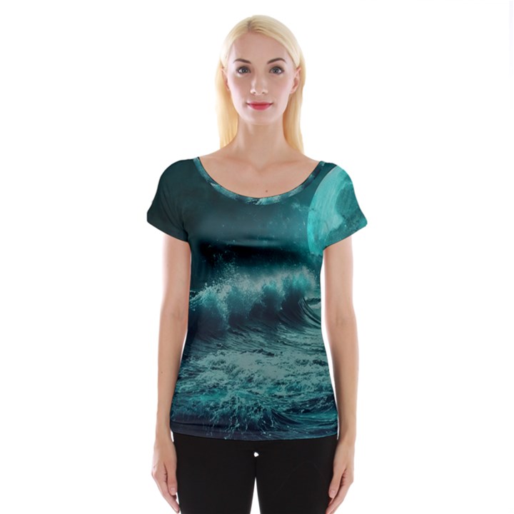 Ai Generated Waves Ocean Sea Tsunami Nautical Blue Sea Art Cap Sleeve Top