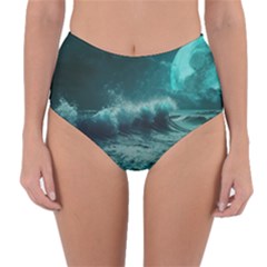 Ai Generated Waves Ocean Sea Tsunami Nautical Blue Sea Art Reversible High-waist Bikini Bottoms by Ravend