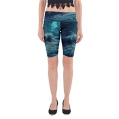 Ai Generated Waves Ocean Sea Tsunami Nautical Blue Sea Art Yoga Cropped Leggings by Ravend