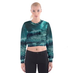 Ai Generated Waves Ocean Sea Tsunami Nautical Blue Sea Art Cropped Sweatshirt by Ravend