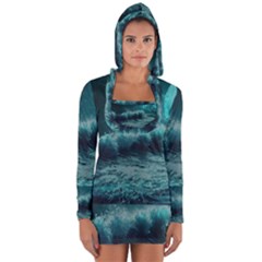 Ai Generated Waves Ocean Sea Tsunami Nautical Blue Sea Art Long Sleeve Hooded T-shirt by Ravend