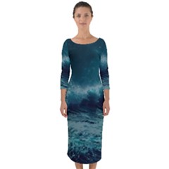 Ai Generated Waves Ocean Sea Tsunami Nautical Blue Sea Art Quarter Sleeve Midi Bodycon Dress by Ravend