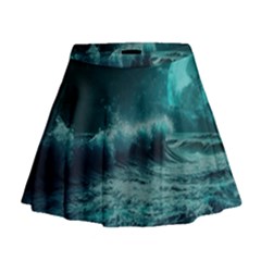 Ai Generated Waves Ocean Sea Tsunami Nautical Blue Sea Art Mini Flare Skirt by Ravend