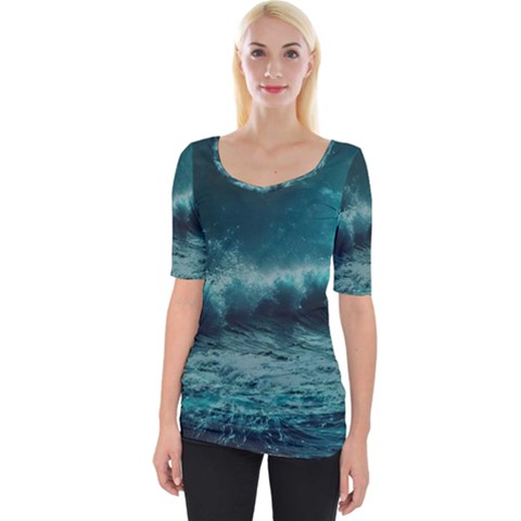 Ai Generated Waves Ocean Sea Tsunami Nautical Blue Sea Art Wide Neckline Tee by Ravend