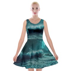 Ai Generated Waves Ocean Sea Tsunami Nautical Blue Sea Art Velvet Skater Dress by Ravend