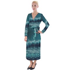 Ai Generated Waves Ocean Sea Tsunami Nautical Blue Sea Art Velvet Maxi Wrap Dress by Ravend