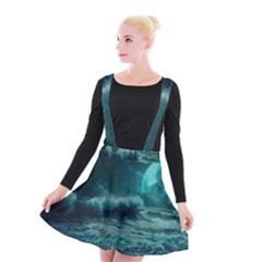 Ai Generated Waves Ocean Sea Tsunami Nautical Blue Sea Art Suspender Skater Skirt by Ravend