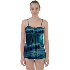 Ai Generated Waves Ocean Sea Tsunami Nautical Blue Sea Art Babydoll Tankini Set by Ravend