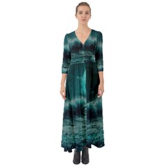 Ai Generated Waves Ocean Sea Tsunami Nautical Blue Sea Art Button Up Boho Maxi Dress by Ravend