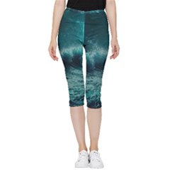 Ai Generated Waves Ocean Sea Tsunami Nautical Blue Sea Art Inside Out Lightweight Velour Capri Leggings  by Ravend