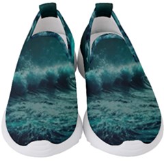 Ai Generated Waves Ocean Sea Tsunami Nautical Blue Sea Art Kids  Slip On Sneakers by Ravend