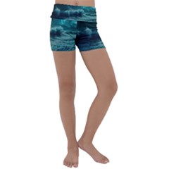 Ai Generated Waves Ocean Sea Tsunami Nautical Blue Sea Art Kids  Lightweight Velour Yoga Shorts by Ravend